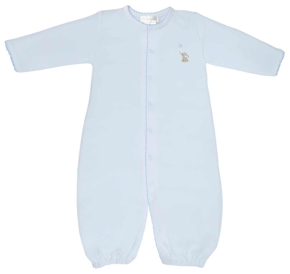 Pima cotton baby sleeper by Lyda Baby showcasing a light blue long-sleeve footie on a white background with a snap-up front, scalloped picot trim, and a small embroidered elephant holding a star