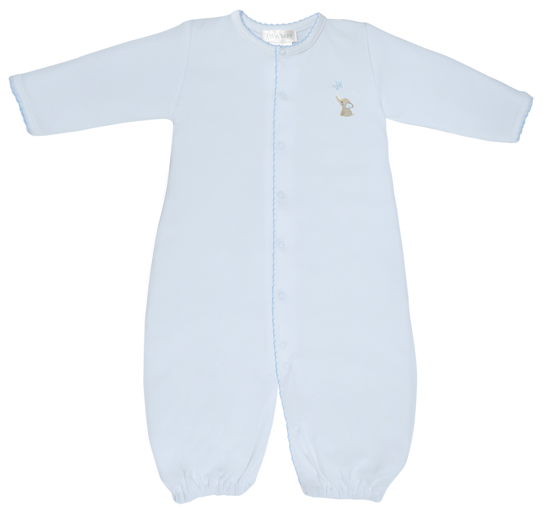 Pima cotton baby sleeper by Lyda Baby showcasing a light blue long-sleeve footie on a white background with a snap-up front, scalloped picot trim, and a small embroidered elephant holding a star