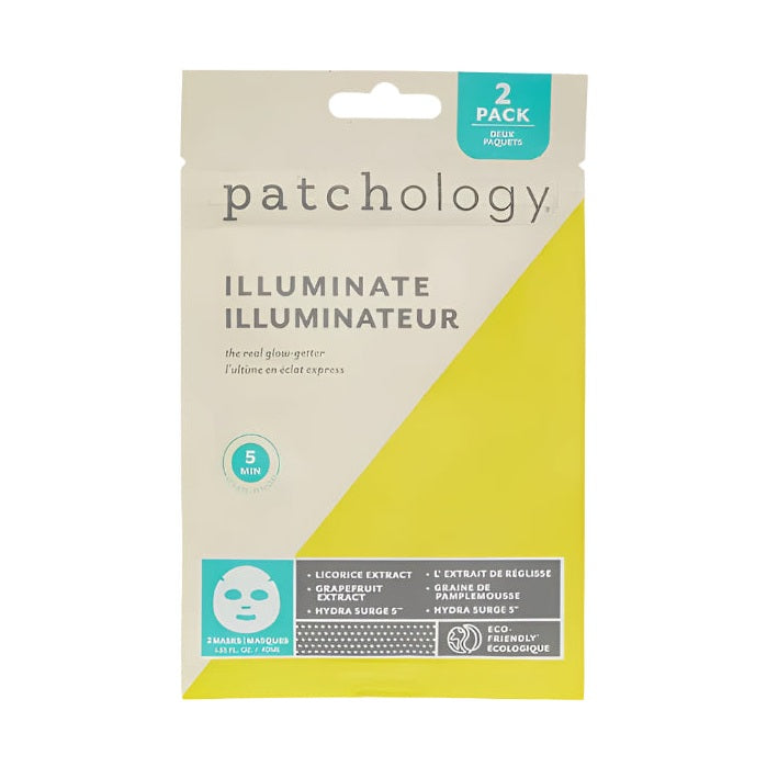 Product photography of Patchology Illuminate sheet masks in a two-pack pouch against a white background featuring a vibrant yellow diagonal design and specific ingredients including licorice and grapefruit extracts