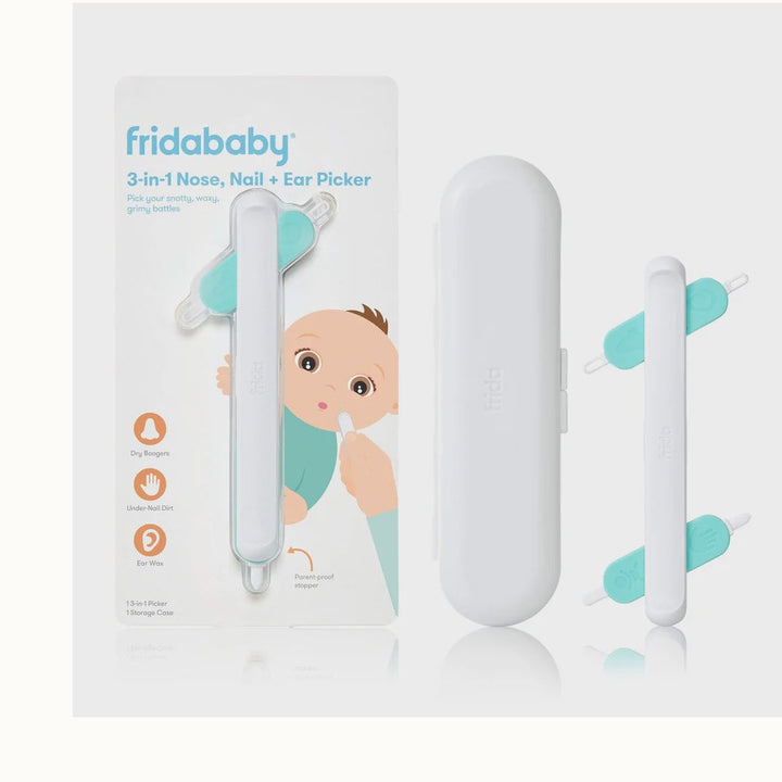 Product photograph by Fridababy featuring the 3-in-1 Nose, Nail + Ear Picker displayed in its retail packaging and beside its white storage case with unique teal-colored tips and a cartoon baby illustration on a clean studio background