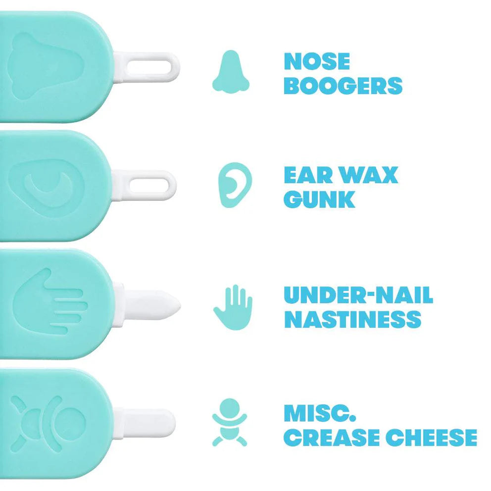 Digital infographic by Frida Baby displaying a multi-tip infant hygiene tool on a white background with teal embossed handles and white cleaning heads labeled for nose boogers, ear wax gunk, under-nail nastiness, and miscellaneous crease cheese
