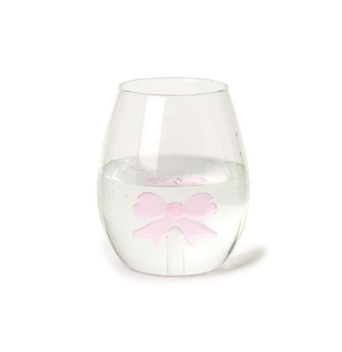 Pink Bow Stemless Wine Glass