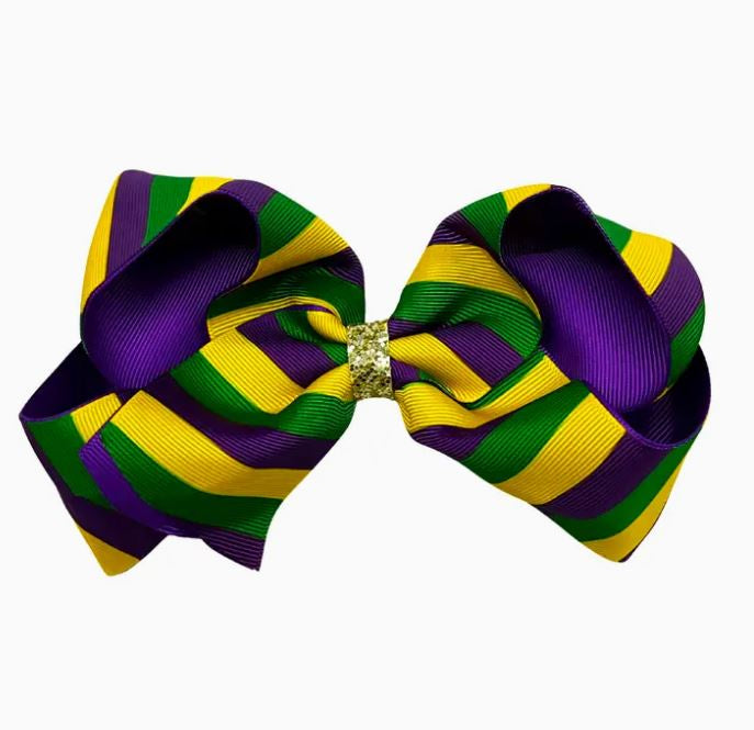 Purple, Green, and Yellow Stripe Mardi Gras Bow with Clip