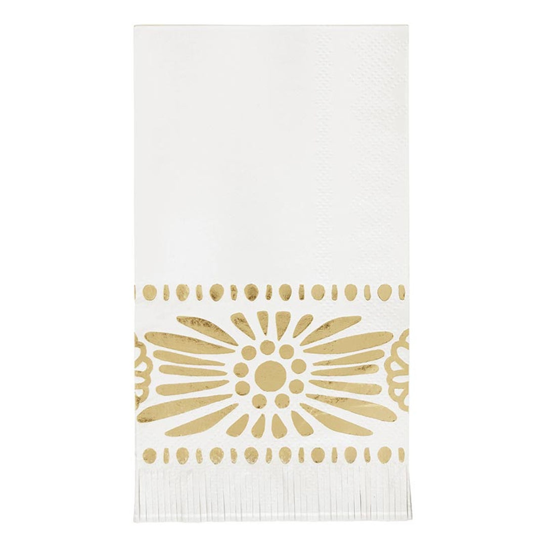 Paper guest towel with gold foil print featuring a central sunburst motif framed by geometric dotted borders and a delicate fringed bottom edge