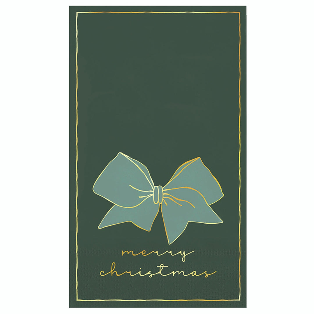 Digital illustration of a minimalist holiday greeting card featuring a large sage green bow with gold-foiled outlines, handwritten gold merry christmas script, and a dark forest green background framed by a thin gold border