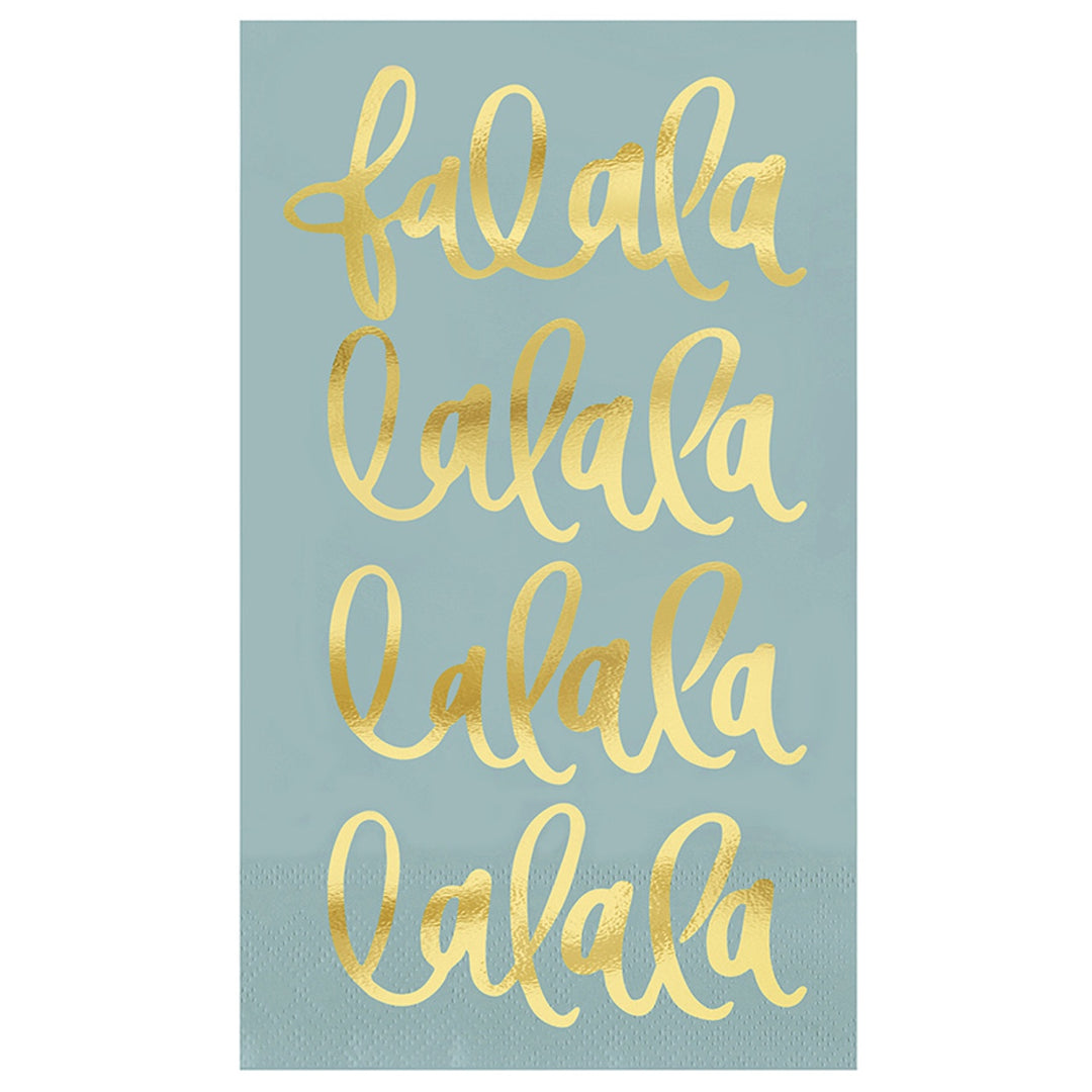 Dusty blue paper guest napkin with fa la la la repeated in gold foil script