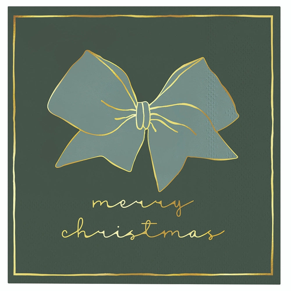 Dark green cocktail napkin with a pale blue bow outlined in gold and merry christmas in gold script