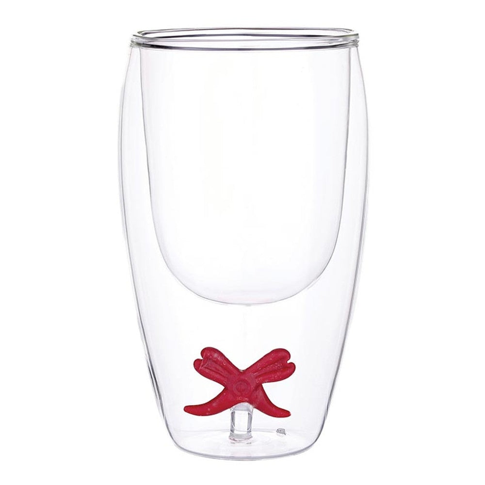 Handcrafted double-walled borosilicate glass cup featuring a vibrant red bow figurine suspended within the base against a clean white background