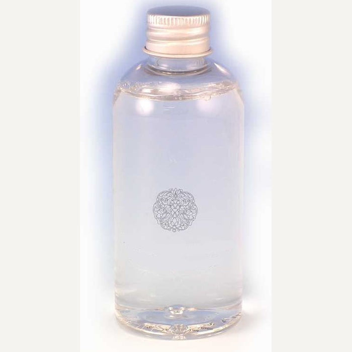 Photograph of a transparent bottle of clear liquid positioned in a minimalist white studio setting featuring a ribbed metallic silver cap and an intricate circular filigree emblem centered on the body