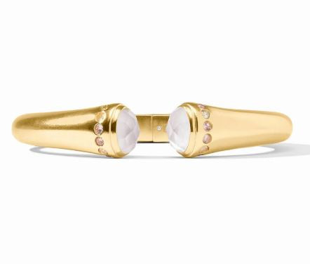 24K gold plate Julie Vos Milano Hinge Bangle featuring large faceted rose quartz end caps and small pink crystal accents on a matte gold band against a plain white background