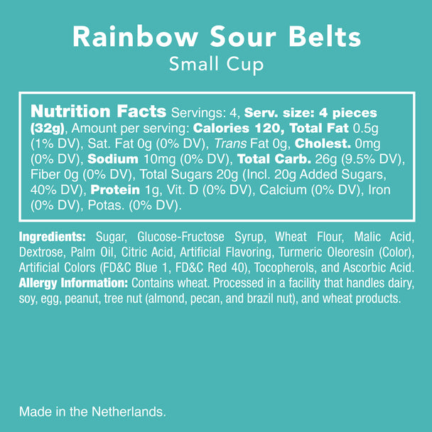 Teal panel with Rainbow Sour Belts small cup nutrition facts, ingredients and allergy information