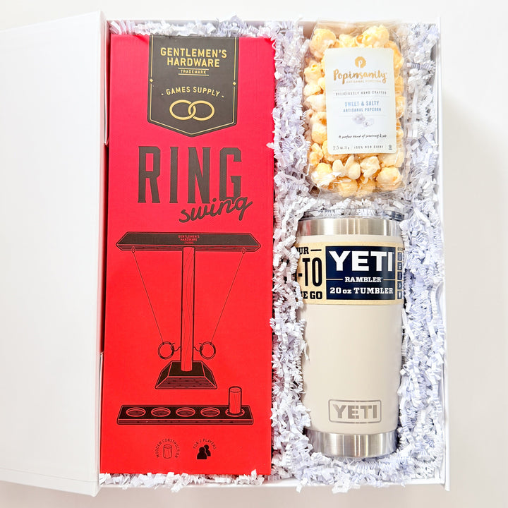 Gift set with YETI tumbler, popcorn, and &