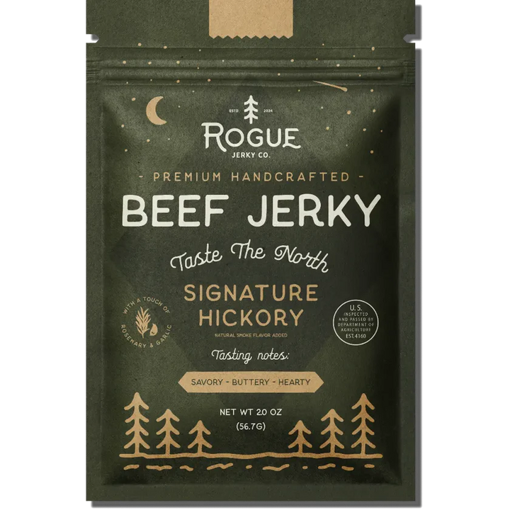 Dark green Rogue Jerky Co. Signature Hickory beef jerky bag