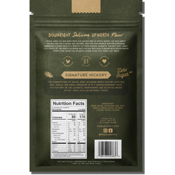 Back of a Rogue Signature Hickory beef jerky bag with nutrition facts