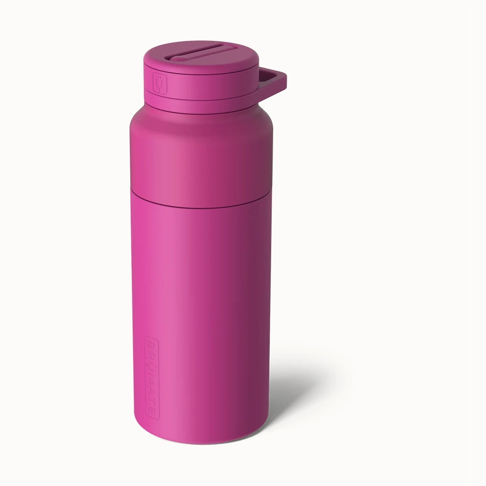 Product photography by BrüMate of a magenta insulated water bottle set against a white background featuring a matte finish, an embossed brand logo, and a flip-top lid with a built-in carry handle