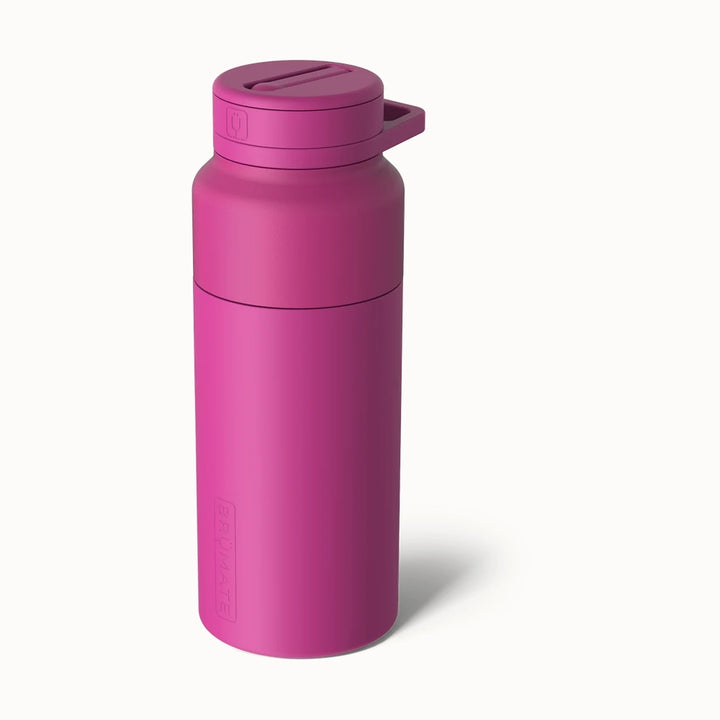 Product photography by BrüMate of a magenta insulated water bottle set against a white background featuring a matte finish, an embossed brand logo, and a flip-top lid with a built-in carry handle