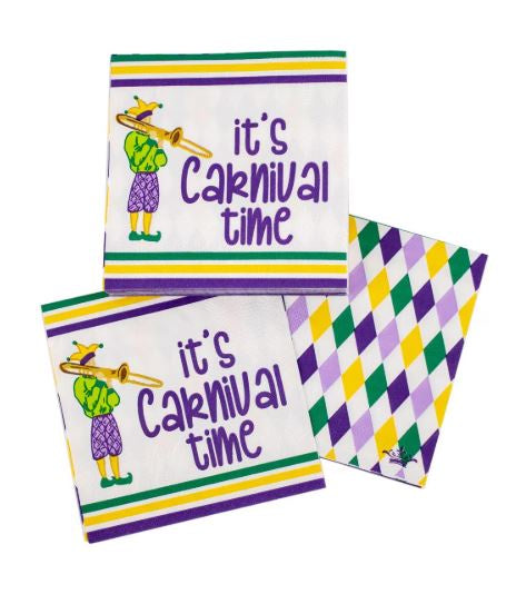 Graphic design paper napkins for a New Orleans Mardi Gras celebration featuring a festive jester playing a gold trombone, purple script reading it's Carnival time, and a vibrant harlequin diamond pattern in signature green, gold, and purple colors