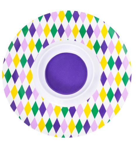 Round chip and dip platter with a purple, green and gold harlequin diamond rim and a purple center bowl