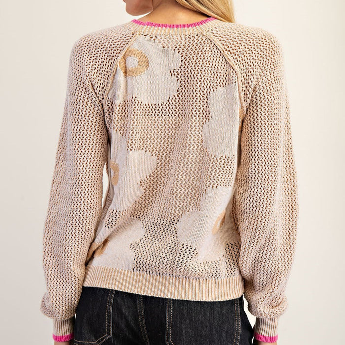 Floral Contrast Trim Open Knit Sweater