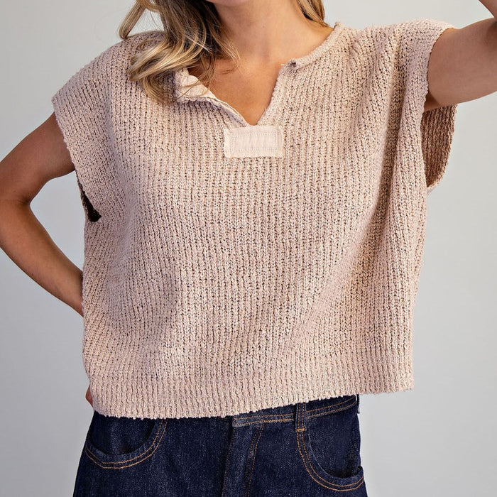 Solid Cap Sleeve Notched Neck Knit Sweater