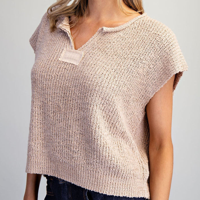 Solid Cap Sleeve Notched Neck Knit Sweater