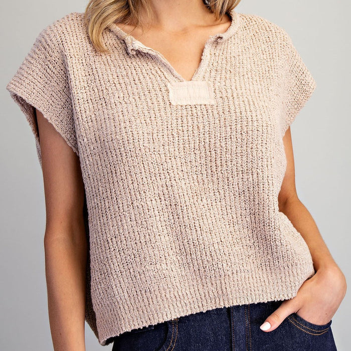 Solid Cap Sleeve Notched Neck Knit Sweater