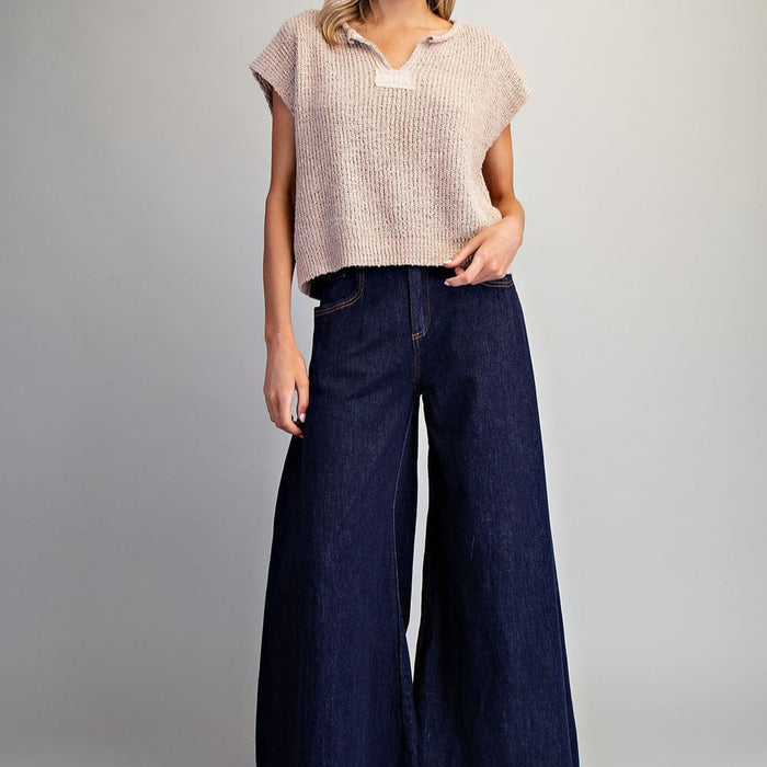 Solid Cap Sleeve Notched Neck Knit Sweater