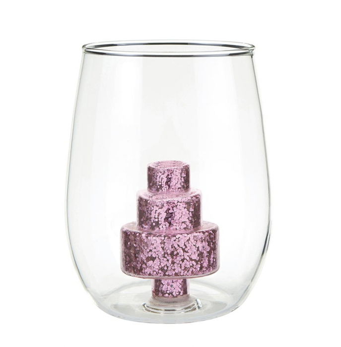 Stemless Wine Glass with Figurine - Cake Pink Glitter