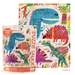 Jigsaw puzzle by Gareth Lucas depicts a vibrant prehistoric landscape with a large blue polka-dot Tyrannosaurus Rex, a red geometric Triceratops, and colorful abstract trees shown next to its 48-piece Snax size packaging