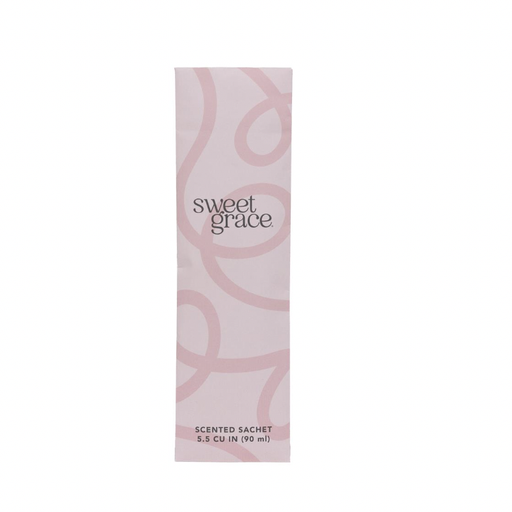 Graphic design by Bridgewater Candle Company featuring a pale pink Sweet Grace scented sachet on a white background with elegant darker pink swirling patterns and minimalist grey serif typography specifying the 90 milliliter volume