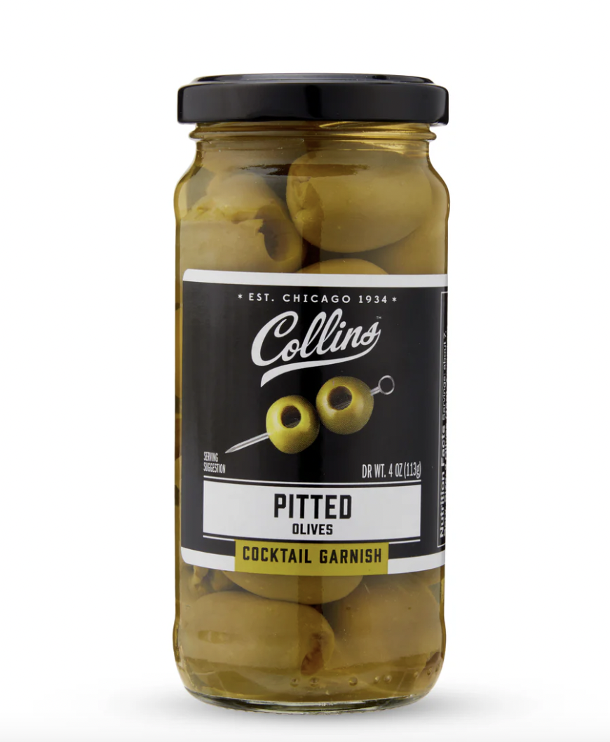 Jar of Collins Pitted Olives cocktail garnish with a black lid