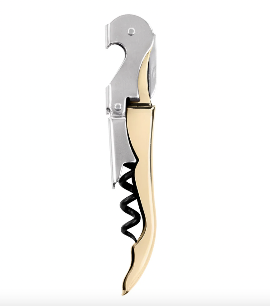 Product photograph of a professional waiter's corkscrew wine opener on a plain white background featuring a polished gold handle, a brushed silver double-hinged lever, and a matte black spiral worm
