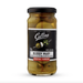 Studio photograph of Collins Bloody Mary Garlic and Jalapeño Stuffed Olives on a white background featuring the Chicago 1934 brand logo, large green olives submerged in translucent brine, and a graphic label showing a cocktail pick with a jalapeño slice