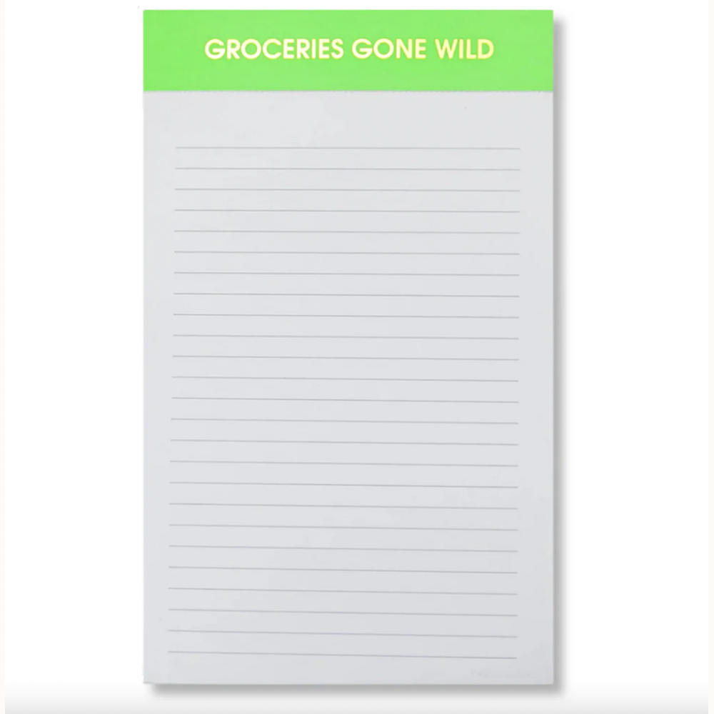 Stationery notepad featuring a vibrant lime green header with yellow block lettering that reads GROCERIES GONE WILD above a white sheet with fine gray horizontal ruled lines