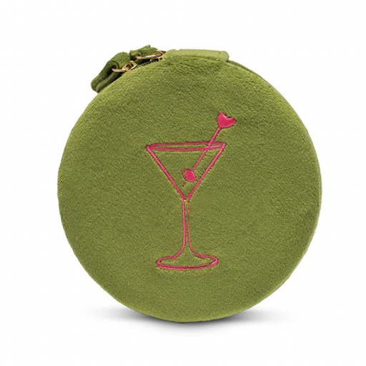 Olive green velvet round jewelry pouch featuring a pink embroidered martini glass with a heart-tipped stirrer and gold-tone zipper hardware centered on a white background