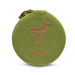 Olive green velvet round jewelry pouch featuring a pink embroidered martini glass with a heart-tipped stirrer and gold-tone zipper hardware centered on a white background