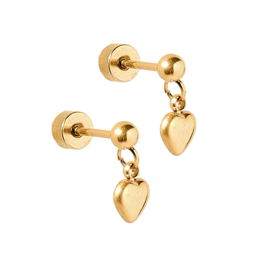 Fine jewelry photography of a pair of yellow gold heart dangle stud earrings on a white background featuring secure screw-back safety posts, polished spherical studs, and petite puffed heart charms