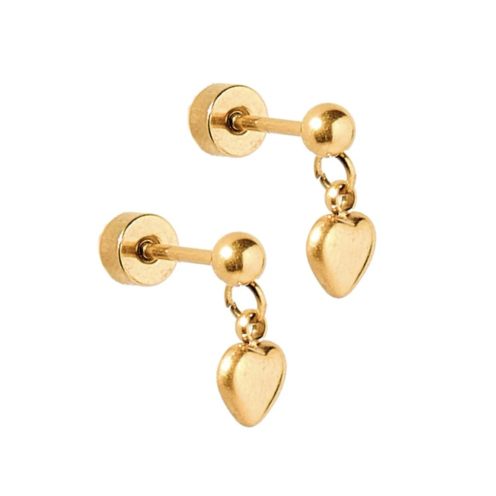 Fine jewelry photography of a pair of yellow gold heart dangle stud earrings on a white background featuring secure screw-back safety posts, polished spherical studs, and petite puffed heart charms