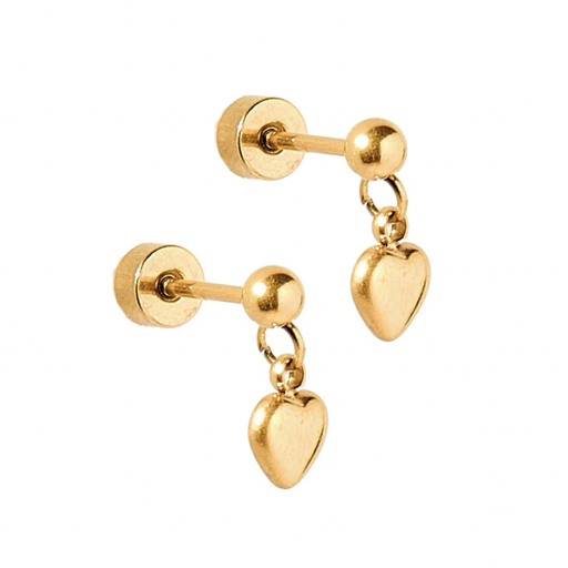 Fine jewelry photography of a pair of yellow gold heart dangle stud earrings on a white background featuring secure screw-back safety posts, polished spherical studs, and petite puffed heart charms