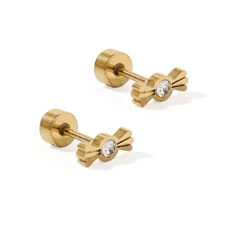 Gold-plated jewelry pair of candy-shaped stud earrings featuring central round clear crystals and ribbed wrapper-style ends on a white studio background