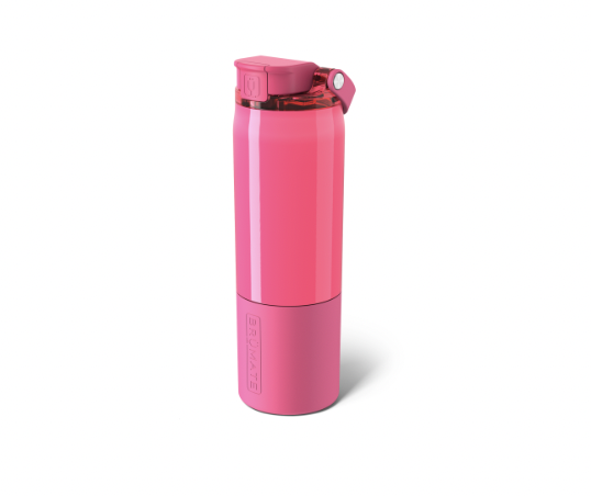 Digital product photograph by BrüMate of a neon pink water bottle on a white background featuring a flip-top lid with a transparent red accent and an embossed logo on the silicone base