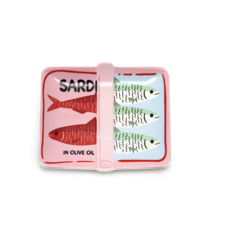 Ceramic divided serving dish featuring a colorful sardine tin illustration with red and mint green fish on pink and light blue backgrounds centered on a white background including the bold text SARDINES IN OLIVE OIL