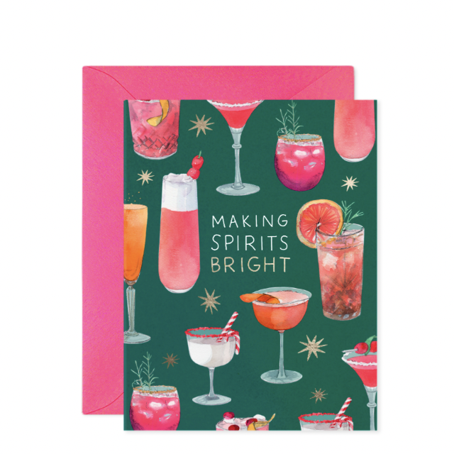 Watercolor illustration by Rifle Paper Co. of a festive holiday greeting card featuring various colorful cocktails garnished with rosemary sprigs and candy canes on a dark green background with gold stars and a bright pink envelope