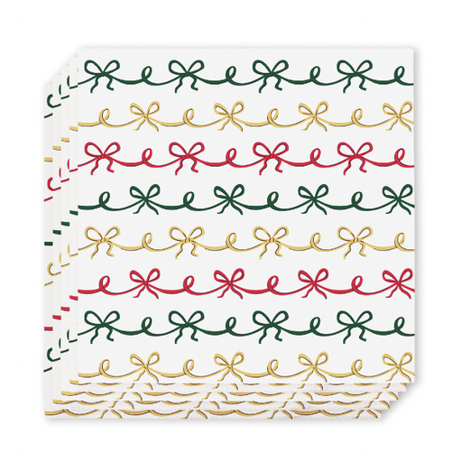 Graphic illustration on a stack of white square paper napkins featuring a repeating pattern of horizontal rows of dark green, metallic gold, and bright red hand-drawn ribbons tied into delicate decorative bows
