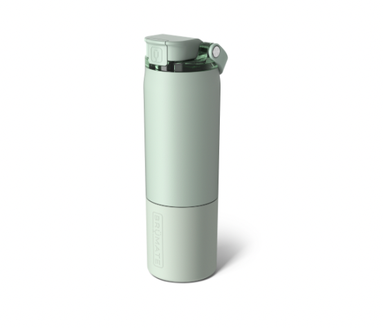 Product photography by BrüMate of a sage green MultiShaker bottle against a white background featuring a debossed logo, a translucent flip-top lid and an integrated carry handle