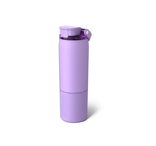 Digital product photography for BrüMate of a matte lilac Rotera water bottle on a white background featuring a translucent purple accent ring, a flip-top lid with a carry handle, and the brand logo embossed vertically at the base