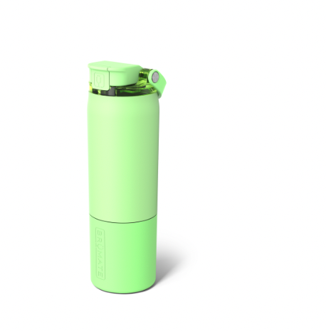 Product photograph of a BrüMate Rotera lime green insulated water bottle on a white background featuring the embossed brand logo, a matte neon finish, and a transparent green flip-top lid with an integrated carry handle