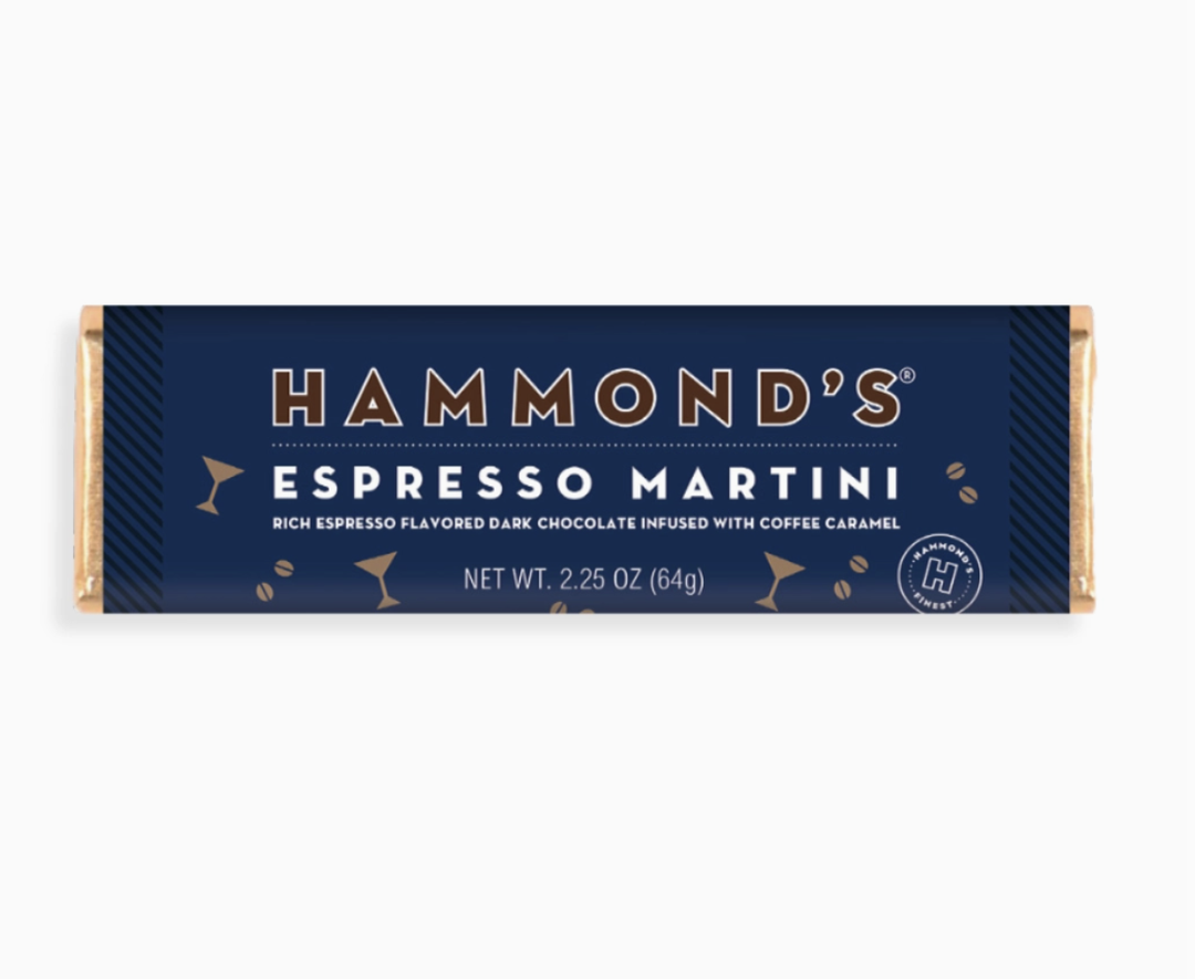 Hammond's Espresso Martini dark chocolate bar in navy wrapper, 2.25 oz
