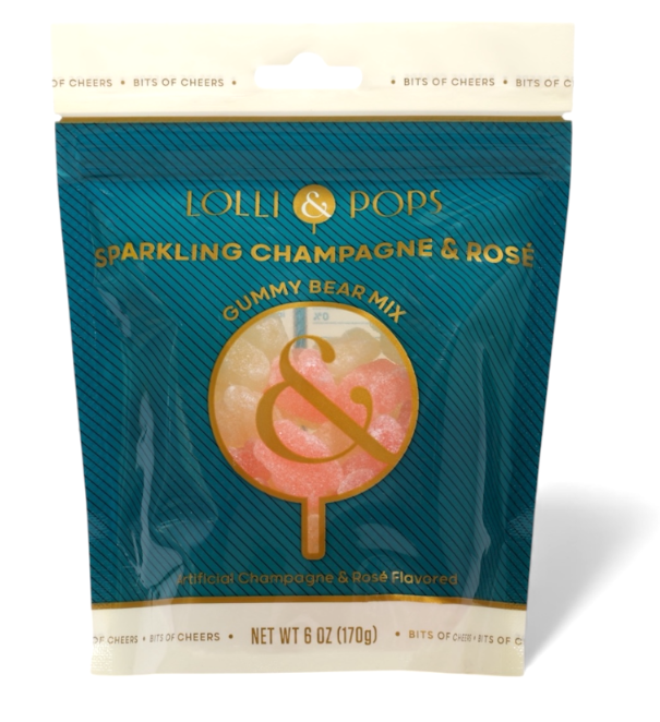 Product photograph of Lolli &amp; Pops Sparkling Champagne and Rosé Gummy Bear Mix package featuring a teal pouch with gold diagonal stripes and a circular window revealing sugar-dusted pink and cream gummy bears on a white background