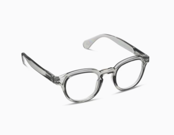 Translucent gray round-frame glasses, angled view